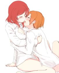 Rule 34 | 10s, 2girls, arm support, blush, bottomless, breasts, cleavage, collared shirt, commentary request, closed eyes, highres, hoshizora rin, hug, itsuki kuro, kiss day, long sleeves, love live!, love live! school idol project, multiple girls, naked shirt, nishikino maki, orange hair, partially unbuttoned, red hair, saliva, saliva trail, shirt, short hair, simple background, sitting, sketch, sweat, tongue, white background, white shirt, yuri