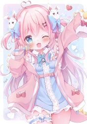 Rule 34 | 1girl, :3, arm up, belt, blue eyes, blush, bow, bowtie, bridal garter, cardigan, collared dress, cowboy shot, dinosaur tail, dress, fake tail, frilled dress, frills, hair bow, hair ornament, hanasakichu, highres, holding, holding microphone, long hair, looking at viewer, microphone, one eye closed, open mouth, original, pink hair, rabbit hair ornament, sleeve bow, sleeveless, sleeveless dress, sleeves past fingers, sleeves past wrists, smile, solo, tail, two side up, very long hair