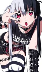 Rule 34 | 1girl, 2000s (style), black hair, bracelet, collar, crop top, cross, ear piercing, earrings, goth fashion, highres, jewelry, mall goth, miniskirt, multicolored hair, nail polish, neguko, original, pale skin, piercing, pink eyes, punk, punkish gothic, skirt, spiked collar, spikes, split-color hair, striped clothes, striped thighhighs, thighhighs, thighs, tongue, tongue out, tongue piercing, v, white hair