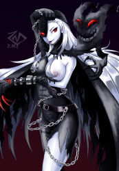 Rule 34 | 1girl, absurdres, asymmetrical clothes, belt, breasts, chain, claws, demon girl, digimon, elbow gloves, fang, gloves, highres, ladydevimon, large breasts, leather suit, long hair, mask, nipples, red eyes, stitches, third-party edit, torn clothes, white hair, wings, z.m. (zimin)