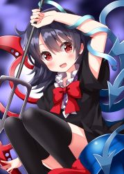 Rule 34 | 1girl, asymmetrical wings, black dress, black hair, blue wings, bow, bowtie, center frills, convenient leg, dress, feet out of frame, frills, hair between eyes, highres, houjuu nue, knees up, open mouth, polearm, red bow, red bowtie, red eyes, red footwear, red wings, ruu (tksymkw), shoes, short dress, short sleeves, snake, solo, thighhighs, touhou, trident, ufo, weapon, wings