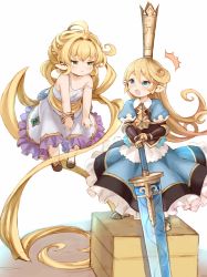 Rule 34 | 2girls, :x, absurdly long hair, ahoge, armor, armored boots, armored dress, bangle, bare shoulders, blonde hair, blue eyes, blush, boots, box, bracelet, breastplate, charlotta (granblue fantasy), crown, dress, floating, frilled dress, frills, gauntlets, gold trim, granblue fantasy, green eyes, hair intakes, harvin, highres, jewelry, long hair, m-eine, melissabelle, multiple girls, open mouth, pointy ears, puffy short sleeves, puffy sleeves, short sleeves, simple background, standing, standing on object, strap slip, ^^^, sword, very long hair, weapon