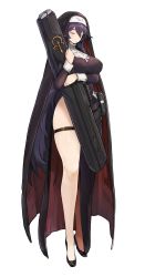 Rule 34 | 1girl, black dress, breasts, closed mouth, dress, closed eyes, facing viewer, full body, game cg, habit, hair between eyes, headwear request, high heels, highres, huge breasts, last origin, long hair, looking at viewer, nun, official art, one (dnjsaos86), purple hair, side slit, solo, tachi-e, taut clothes, taut dress, transparent background, veronica type-asc, very long hair