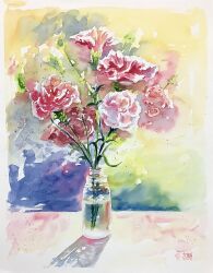 Rule 34 | didi daisukedoi, flower, flower focus, highres, no humans, object focus, original, painting (medium), plant, potted plant, red flower, shadow, still life, sunlight, traditional media, water, watercolor (medium)