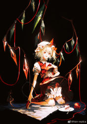 Rule 34 | 1girl, artist name, blonde hair, bloomers, cake, cake slice, commentary, crystal, cui (jidanhaidaitang), fangs, flandre scarlet, food, fork, full body, hat, hat ribbon, highres, holding, holding knife, kneeling, knife, laevatein (tail), mob cap, one side up, open mouth, plate, puffy short sleeves, puffy sleeves, red footwear, red ribbon, red skirt, red vest, ribbon, shirt, short hair, short sleeves, skirt, skirt set, solo, tail, teeth, touhou, underwear, upper teeth only, vest, weibo logo, weibo watermark, white bloomers, white hat, white shirt, wings