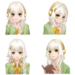 Rule 34 | 1girl, antweiyi, book, braid, green eyes, hair ornament, head rest, headphones, headphones around neck, holding, holding book, long hair, looking at viewer, multiple views, school uniform, smile, sui kyi, upper body, white background, white hair