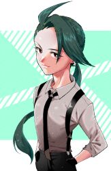 Rule 34 | 1girl, androgynous, black gloves, brown eyes, commentary request, creatures (company), earrings, forehead, game freak, gloves, green hair, hands in pockets, highres, jewelry, long hair, mugicha (zoro1132), necktie, nintendo, pokemon, pokemon sv, ponytail, rika (pokemon), smile, solo, suspenders, upper body