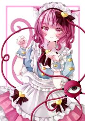 Rule 34 | 1girl, adapted costume, animal ear fluff, animal ears, apron, blue shirt, blush, bow, buttons, cat ears, cat tail, closed mouth, commentary, dress bow, eyeball, frilled shirt collar, frills, hair bow, hair ornament, hairband, heart, heart-shaped ornament, heart-shaped pupils, heart button, heart hair ornament, highres, jaku sono, komeiji satori, long hair, looking at viewer, maid, maid apron, maid headdress, paw pose, pink eyes, pink hair, pink skirt, red bow, shirt, skirt, solo, symbol-shaped pupils, tail, third eye, touhou, wrist cuffs