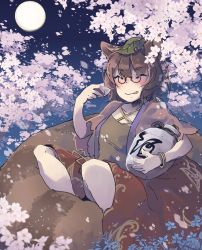 Rule 34 | 1girl, alcohol, animal ears, blush, bracelet, brown shorts, brown skirt, cherry blossoms, closed mouth, closed eyes, full moon, futatsuiwa mamizou, glasses, highres, holding, jewelry, leaf, leaf on head, moon, night, night sky, one-hour drawing challenge, petals, raccoon ears, raccoon girl, raccoon tail, short hair, short sleeves, shorts, skirt, sky, solo, tail, tongue, tongue out, touhou, toutenkou, wine