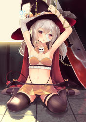 Rule 34 | 1girl, armpits, arms up, ayanami (azur lane), ayanami (witch in ambush) (azur lane), azur lane, bandages, bdsm, black panties, black thighhighs, blush, bondage, bound, breasts, cape, chain, chained, collarbone, commentary request, culter, demon tail, demon wings, hair between eyes, hat, hat ribbon, head tilt, highleg, highleg panties, highres, long hair, looking at viewer, midriff, miniskirt, navel, orange ribbon, orange skirt, panties, red eyes, ribbon, sidelocks, silver hair, sitting, skirt, small breasts, solo, string panties, sword, tail, thighhighs, thong, underwear, wariza, weapon, wings, witch hat