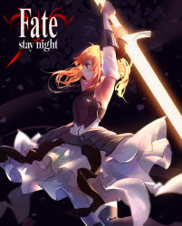 Rule 34 | 1girl, ahoge, armor, armored dress, artoria pendragon (all), artoria pendragon (fate), bad id, bad pixiv id, bare shoulders, blonde hair, bow, detached sleeves, dress, excalibur (fate/stay night), fate/unlimited codes, fate (series), gauntlets, glowing, glowing sword, glowing weapon, green eyes, hair bow, highres, long hair, mconch, ponytail, profile, saber (fate), saber lily, simple background, solo, sword, weapon