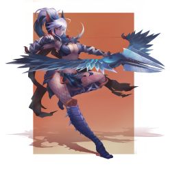 Rule 34 | 1girl, bow (weapon), breasts, capcom, cleavage, fishnet legwear, fishnets, high ponytail, highres, johnson zhuang, large breasts, long hair, looking at viewer, midriff, monster hunter (series), nargacuga (armor), navel, one eye closed, shadow, silver hair, silverwind nargacuga (armor), solo, jika-tabi, thighs, weapon