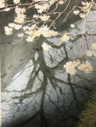 Rule 34 | bare tree, branch, cherry blossoms, dead plants, eyvzi172xqdkvs7, grass, highres, no humans, original, painting (medium), reflection, reflective water, river, traditional media, tree, water, watercolor (medium)