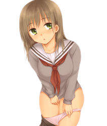 Rule 34 | 1girl, bad id, bad pixiv id, blush, brown hair, clothes pull, clothes tug, covering privates, covering crotch, gomi yashiki, green eyes, highres, long hair, njigen hairitai, open mouth, original, panties, panty pull, skirt, skirt pull, solo, sweater, sweater tug, underwear