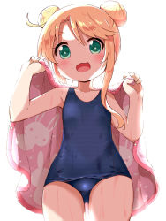Rule 34 | 1girl, :d, animal print, bare arms, bare shoulders, blonde hair, blue one-piece swimsuit, blush, breasts, commentary request, cowboy shot, double bun, green eyes, hair between eyes, hair bun, hands up, highres, himesaka noa, holding, holding towel, long hair, looking at viewer, makuran, old school swimsuit, one-piece swimsuit, open mouth, rabbit print, school swimsuit, sidelocks, simple background, small breasts, smile, solo, standing, swimsuit, thick eyebrows, towel, watashi ni tenshi ga maiorita!, white background