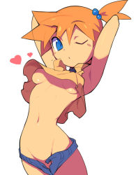 Rule 34 | 1girl, armpits, arms behind head, blowing kiss, blue eyes, blue shorts, breasts, creatures (company), game freak, hair bobbles, hair ornament, heart, looking at viewer, medium breasts, metata, misty (pokemon), navel, nintendo, one eye closed, orange hair, pokemon, pokemon (anime), pokemon (classic anime), short hair, shorts, side ponytail, simple background, small breasts, solo, open fly, underboob, white background