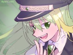 Rule 34 | &gt;:), 1girl, alina gray, black hat, black vest, blonde hair, detached collar, doyagao, from side, gem, green background, green eyes, green gemstone, green hair, hat, long hair, looking at viewer, looking to the side, magia record: mahou shoujo madoka magica gaiden, magical girl, mahou shoujo madoka magica, multicolored hair, open mouth, paru rari, portrait, puffy short sleeves, puffy sleeves, short sleeves, signature, simple background, smile, smirk, smug, solo, soul gem, sparkle, straight hair, streaked hair, tsurime, twitter username, two-tone hair, v-shaped eyebrows, vest, white sleeves
