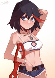 Rule 34 | 1girl, :&lt;, arm behind head, arm up, armpits, artist name, bandeau, bare shoulders, belt, belt buckle, black hair, blue eyes, blue shorts, blush, bracelet, breasts, brown belt, buckle, center opening, cleavage, closed mouth, collarbone, commentary, cosplay, crop top, cutoffs, darahan, denim, denim shorts, english commentary, fate/apocrypha, fate/grand order, fate (series), gradient background, hair between eyes, jewelry, kill la kill, looking at viewer, matoi ryuuko, micro shorts, midriff, mordred (fate), mordred (fate) (cosplay), mordred (fate/apocrypha), mordred (memories at trifas) (fate), multicolored hair, navel, necklace, pendant, planted, red hair, scissor blade (kill la kill), short hair, short shorts, shorts, signature, simple background, small breasts, solo, streaked hair, symbol-shaped pupils, weapon, white background