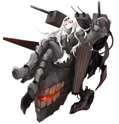 Rule 34 | 10s, 1girl, abyssal ship, aircraft carrier water oni, armor, armored boots, bad id, bad pixiv id, bare shoulders, black dress, black gloves, boots, colored skin, crossed legs, detached sleeves, dress, frilled dress, frilled sleeves, frills, full body, gloves, hair ornament, high heel boots, high heels, highres, kantai collection, knee boots, long hair, machinery, neckerchief, pale skin, red eyes, ribbed dress, roong, sailor dress, short dress, simple background, solo, thighhighs, very long hair, white background, white hair, white skin, zettai ryouiki