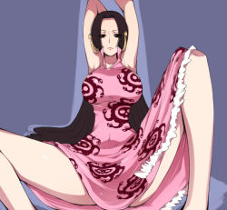 Rule 34 | 1girl, armpits, arms up, black eyes, boa hancock, breasts, brown hair, dress, female focus, hairu, large breasts, long hair, one piece, pink dress, solo, spread legs