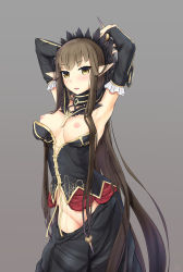 Rule 34 | 1girl, absurdres, armpits, arms behind head, arms up, black background, black collar, black dress, black hair, blush, breasts, bridal gauntlets, bustier, clothes pull, collar, cross-laced clothes, crotch, detached collar, detached sleeves, dress, dress pull, fate/apocrypha, fate (series), fur trim, headdress, highres, large breasts, long dress, looking at viewer, nipples, open mouth, pointy ears, scwibbles, semiramis (fate), shirt pull, solo, undressing, yellow eyes