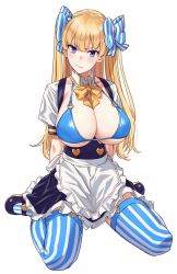 Rule 34 | 1girl, apron, bikini, bikini top only, black footwear, blonde hair, blue bikini, blue eyes, blush, bow, breasts, cleavage, closed mouth, detached collar, dress, full body, hair ribbon, highres, large breasts, lina (michihasu), long hair, looking at viewer, maid, maid apron, michihasu, original, ribbon, short sleeves, simple background, sitting, solo, striped clothes, striped ribbon, striped thighhighs, swimsuit, thighhighs, twintails, two side up, underboob, wariza, white background, yellow bow, yellow neckwear