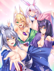 Rule 34 | 4girls, absurdres, animal ear fluff, animal ears, arm up, blonde hair, blue eyes, breasts, cat ears, cherry blossoms, fang, feet out of frame, fox ears, fur choker, green eyes, hair ornament, hair over one eye, hairclip, hatsune (kemomimi musume-tachi ga iyashite kureru kozukuri onsen&#039;yado), highres, jewelry, kemomimi musume-tachi ga iyashite kureru kozukuri onsen&#039;yado, kyo touya, large breasts, long sleeves, looking at viewer, medium breasts, multiple girls, necklace, off shoulder, official art, one eye closed, open mouth, outstretched arms, parted lips, pink hair, purple hair, rabbit ears, red eyes, ruri (kemomimi musume-tachi ga iyashite kureru kozukuri onsen&#039;yado), shiny skin, shion (kemomimi musume-tachi ga iyashite kureru kozukuri onsen&#039;yado), silver hair, smile, tail, wide sleeves, wolf ears, wolf tail, yellow eyes, yuuna (kemomimi musume-tachi ga iyashite kureru kozukuri onsen&#039;yado)