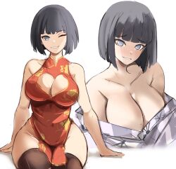 Rule 34 | 1girl, alternate costume, bad id, bad twitter id, bowl cut, breasts, china dress, chinese clothes, cleavage cutout, clothing cutout, dress, grey eyes, happy, highres, hyuuga hinata, large breasts, mature female, multiple views, naruto (series), one eye closed, pale skin, rakeemspoon, short hair, sitting, solo