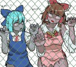 Rule 34 | 2girls, annyui (cookie), apron, bad id, bad twitter id, blue bow, blue dress, blue hair, blunt bangs, bow, breasts, brown hair, chain-link fence, cirno, collared shirt, commentary request, cookie (touhou), cowboy shot, detached sleeves, dress, fence, frilled bow, frilled hair tubes, frills, hair bow, hair tubes, hakurei reimu, half updo, looking at another, looking at viewer, looking to the side, medium breasts, medium hair, multiple girls, neck ribbon, necktie, no pupils, ohasi, open mouth, pinafore dress, pink apron, puffy short sleeves, puffy sleeves, red bow, red neckwear, red shirt, ribbon, rurima (cookie), shirt, short hair, short sleeves, sleeveless dress, torn apron, torn clothes, touhou, translation request, white background, white shirt, white sleeves, yellow necktie, zombie, zombification