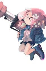 Rule 34 | 1girl, black shorts, blue footwear, blue jacket, closed mouth, cross-shaped pupils, frown, h-3 nozzlenose (splatoon), hair ornament, highres, inkling, inkling girl, inkling player character, jacket, koike3582, nintendo, open clothes, open jacket, pink eyes, pink hair, pointy ears, shirt, shoes, short hair, shorts, simple background, solo, splatoon (series), suction cups, symbol-shaped pupils, tentacle hair, white background, white shirt, yellow pupils