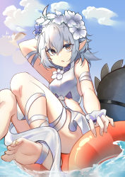 Rule 34 | 1girl, :o, absurdres, ahoge, arknights, arm behind head, bird, blue background, blue flower, cloud, crocodilian tail, flower, foot out of frame, grey hair, hair between eyes, highres, innertube, knees up, looking at viewer, official alternate costume, one-piece swimsuit, outdoors, parted lips, pointy ears, pota douzhi, seagull, short hair, simple background, sitting, solo, swim ring, swimsuit, tail, tail strap, tomimi (arknights), tomimi (silent night) (arknights), waist cutout, water, white flower, white one-piece swimsuit, yellow eyes