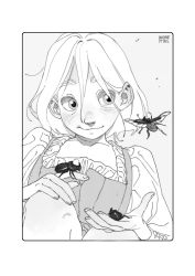 Rule 34 | 1girl, :3, animal, animal on finger, animal on hand, beetle, blush, border, bug, carlotta dicataldo, closed mouth, collarbone, eyebrows, facing viewer, greyscale, hair behind ear, hair between eyes, halftone, hand on own knee, hands up, highres, insect, insect on finger, long sleeves, looking to the side, monochrome, nose, nostrils, open hand, original, outdoors, puffy long sleeves, puffy sleeves, rebis (carlotta dicataldo), rhinoceros beetle, rounded corners, signature, smile, solo, thick eyebrows, upper body, white border, wind