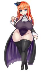 Rule 34 | &gt;:), 1girl, ascot, bare shoulders, blue eyes, breasts, cape, commission, covered navel, curvy, detached sleeves, full body, groin, hat, highres, large breasts, long hair, looking at viewer, mini hat, mini top hat, nav (itsnav), orange hair, original, ruffling hair, shortstack, sideboob, simple background, smile, solo, standing, thick thighs, thighs, top hat, v-shaped eyebrows, white background, wide hips