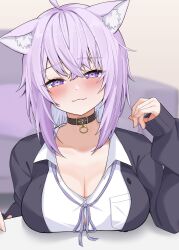 Rule 34 | 1girl, :3, absurdres, ahoge, ai (u e o o), animal ear fluff, animal ears, belt, belt collar, black belt, black choker, black collar, black jacket, blurry, blurry background, blush, breast rest, breasts, breasts on table, cat choker, cat ears, cat girl, choker, cleavage, closed mouth, collar, collarbone, collared shirt, commentary request, fingernails, hair between eyes, hand up, head tilt, highres, hololive, jacket, jersey, large breasts, long sleeves, looking at viewer, loose neck ribbon, medium hair, nail polish, narrowed eyes, neck ribbon, nekomata okayu, nekomata okayu (oversized shirt), open clothes, open jacket, pink nails, pocket, purple eyes, purple hair, purple ribbon, ribbon, shirt, sleeves past wrists, smile, solo, table, virtual youtuber, white shirt