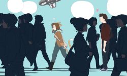 Rule 34 | 1boy, 1girl, animal ears, backpack, bag, blue eyes, boots, brown eyes, brown hair, cat, cat ears, cat tail, crowd, drone, grey background, hands in pockets, headphones, heart, highres, iichan.ru, original, people, quadcopter, shoes, simple background, sneakers, solo focus, standing, tail, thought bubble, unmanned aerial vehicle, walking