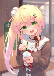 Rule 34 | 1girl, :d, blonde hair, blush, bow, brown sweater, collar, commentary request, cup, drinking straw, fang, food, frilled collar, frills, fue (lars0713), gradient hair, green eyes, hair between eyes, hair bow, hair ornament, head tilt, highres, holding, holding cup, holding drinking straw, hololive, ice cream, light particles, long hair, long sleeves, looking at viewer, momosuzu nene, momosuzu nene (casual), multicolored hair, nail polish, necktie, official alternate costume, open mouth, pink hair, plaid necktie, plaid neckwear, pom pom (clothes), pom pom hair ornament, red bow, red necktie, sailor collar, smile, solo, sweater, upper body, virtual youtuber, white sailor collar, yellow nails