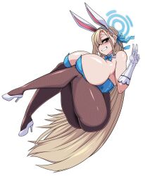 1girl absurdres animal_ears asuna_(blue_archive) asuna_(bunny)_(blue_archive) bare_shoulders blonde_hair blue_archive blue_bow blue_bowtie blue_eyes blue_halo blue_leotard blush bow bowtie breasts detached_collar fake_animal_ears full_body gloves hair_over_one_eye hair_ribbon halo high_heels highres huge_breasts lazy_ant leotard long_hair looking_at_viewer pantyhose rabbit_ears ribbon shoes smile solo strapless strapless_leotard v very_long_hair white_gloves white_shoes