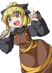 Rule 34 | 1girl, \m/, blonde hair, blush, bow, breasts, dress, fang, fun bo, heart, kurodani yamame, large bow, large breasts, long sleeves, microphone, open mouth, short hair, solo, touhou, white background, yellow eyes