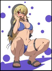 Rule 34 | 1girl, bad id, bad pixiv id, bikini, blush, breasts, cleavage, curvy, gender request, genderswap, goenitz, hands on another&#039;s cheeks, hands on another&#039;s face, hands on own cheeks, hands on own face, hood, hotori (sion), kara age, large breasts, legs, m.u.g.e.n, open mouth, red eyes, snk, solo, spread legs, squatting, swimsuit, the king of fighters, thigh strap, underboob