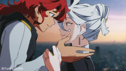 Rule 34 | aged up, blue eyes, closed mouth, commentary request, earrings, eye contact, from side, grey hair, gundam, gundam suisei no majo, hand on another&#039;s face, jacket, jewelry, long hair, long sleeves, looking at another, miorine rembran, pink lips, profile, red hair, ring, short hair, suletta mercury, updo, upper body, yurisuki00