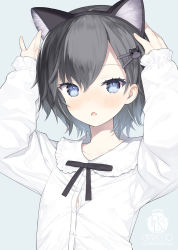 Rule 34 | 1girl, :o, animal ear fluff, animal ears, arms up, bear hair ornament, black bow, black hair, black hairband, black ribbon, blue background, blue eyes, blush, bow, buttons, capriccio, cat ears, cat hair ornament, collared shirt, commentary request, dress shirt, fake animal ears, frilled shirt collar, frills, grey background, grey hair, hair between eyes, hair ornament, hairband, hairclip, hands up, long sleeves, looking at viewer, neck ribbon, open mouth, original, parted lips, puffy long sleeves, puffy sleeves, rabbit hair ornament, ribbon, shirt, short hair, simple background, sleeves past wrists, solo, upper body, white background, white shirt