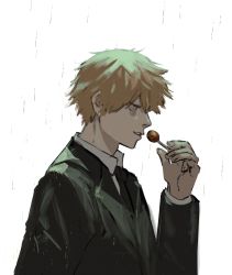 Rule 34 | 1boy, @ @, bags under eyes, black jacket, blonde hair, candy, chainsaw man, denji (chainsaw man), food, highres, holding, holding food, jacket, long sleeves, null (skev7724), parted lips, rain, short hair, sleeves past elbows, white background, yellow eyes