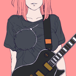 Rule 34 | 1girl, bocchi the rock!, breasts, cable tie, collarbone, commentary request, electric guitar, flat color, gibson les paul, gotoh hitori, guitar, head out of frame, highres, holding, holding instrument, instrument, large breasts, long hair, onsen tamago (hs egg), parted lips, pink background, pink hair, short sleeves, solo, standing, tied breast, upper body
