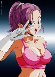 Rule 34 | 1girl, armpits, asymmetrical bangs, bare arms, bare shoulders, blue eyes, bra (dragon ball), bra (dragon ball multiverse), breasts, cleavage, collarbone, crop top, dragon ball, dragon ball multiverse, dragonball z, facing viewer, gloves, gradient background, high ponytail, looking at viewer, medium breasts, no bra, open mouth, pink shirt, pink tank top, purple hair, salvamakoto, shirt, simple background, smile, solo, strap slip, tank top, upper body, w over eye, white background, white gloves