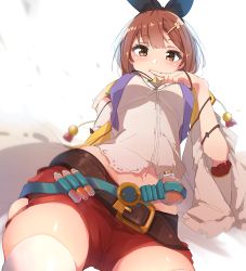 Rule 34 | 1girl, atelier (series), atelier ryza, atelier ryza 1, bad id, bad pixiv id, belt, breasts, brown eyes, brown hair, from below, hair ornament, hairclip, hat, jewelry, looking at viewer, medium breasts, midriff, navel, necklace, red shorts, reisalin stout, short shorts, shorts, simple background, solo, star (symbol), thighhighs, thighs, unimon e, white background, white hat, white thighhighs
