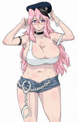 Rule 34 | 1girl, armband, armpits, bad id, bad pixiv id, blue shorts, breasts, capcom, cleavage, cosplay, cuffs, denim, denim shorts, final fight, glasses, handcuffs, hat, hisakawa riho, hishagawariho, huge breasts, jewelry, large breasts, legs, long hair, lucky star, midriff, open fly, pink hair, plump, poison (final fight), poison (final fight) (cosplay), purple eyes, ring, shirt, short shorts, shorts, simple background, solo, street fighter, street fighter iii (series), takara miyuki, thighs, unzipped, white background
