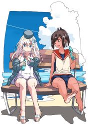 Rule 34 | 2girls, :d, barefoot, beach, bench, blonde hair, blouse, blue eyes, blue one-piece swimsuit, brown eyes, brown hair, cloud, cropped jacket, full body, garrison cap, hair ornament, hairclip, hat, i-401 (kancolle), kantai collection, long hair, long sleeves, looking at another, matsutani, multiple girls, one-piece swimsuit, open mouth, ponytail, puffy long sleeves, puffy sleeves, ramune, sailor collar, school swimsuit, school uniform, shirt, short ponytail, sitting, sleeveless, sleeveless shirt, smile, swimsuit, swimsuit under clothes, tan, u-511 (kancolle), white one-piece swimsuit, white school swimsuit, white shirt, wooden bench