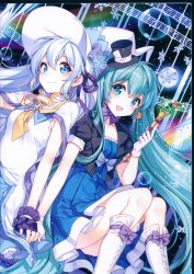 Rule 34 | 2girls, absurdres, blue eyes, blue hair, blush, boots, bow, bowtie, breasts, cape, collarbone, diffraction spikes, dress, fingerless gloves, gloves, green eyes, green hair, hat, hatsune miku, highres, holding, huge filesize, jacket, juliet sleeves, knee boots, long hair, long sleeves, looking at viewer, magical mirai miku, magical mirai miku (2013), medium breasts, mini hat, multiple girls, musical note, nardack, open clothes, open jacket, puffy sleeves, scan, short dress, short sleeves, sitting, star (symbol), twintails, very long hair, vocaloid, wand, white footwear, white gloves, witch hat, yuki miku