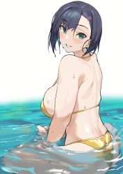 Rule 34 | 1girl, aqua eyes, back, bikini, black hair, blush, breasts, butterfly sitting, from side, gold bikini, green eyes, grin, hair ornament, hairclip, halterneck, large breasts, looking at viewer, looking back, mm (yoromu), original, partially submerged, short hair, sideboob, sitting, smile, solo, swimsuit, turning head, water, wet, wet hair