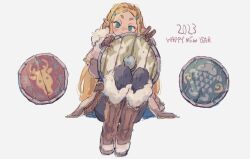 Rule 34 | 1girl, 2023, 723 (yamenkaaa), blonde hair, blue eyes, boots, braid, brown footwear, brown gloves, crown braid, fur-trimmed boots, fur-trimmed jacket, fur trim, gloves, hair ornament, hairclip, happy new year, head tilt, highres, holding, holding shield, jacket, leather, leather boots, leather gloves, long hair, looking at viewer, new year, nintendo, pointy ears, princess zelda, shield, sitting, sketch, smile, solo, the legend of zelda, the legend of zelda: breath of the wild, v